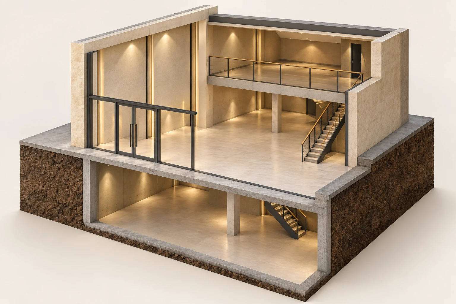Illustration en coupe d’un local commercial sur trois niveaux : rez-de-chaussée, mezzanine et sous-sol