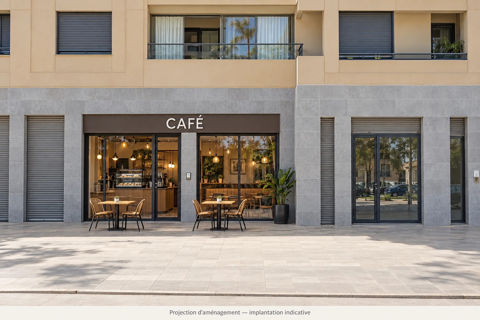 Projection d’aménagement d’un café avec façade vitrée vue de face