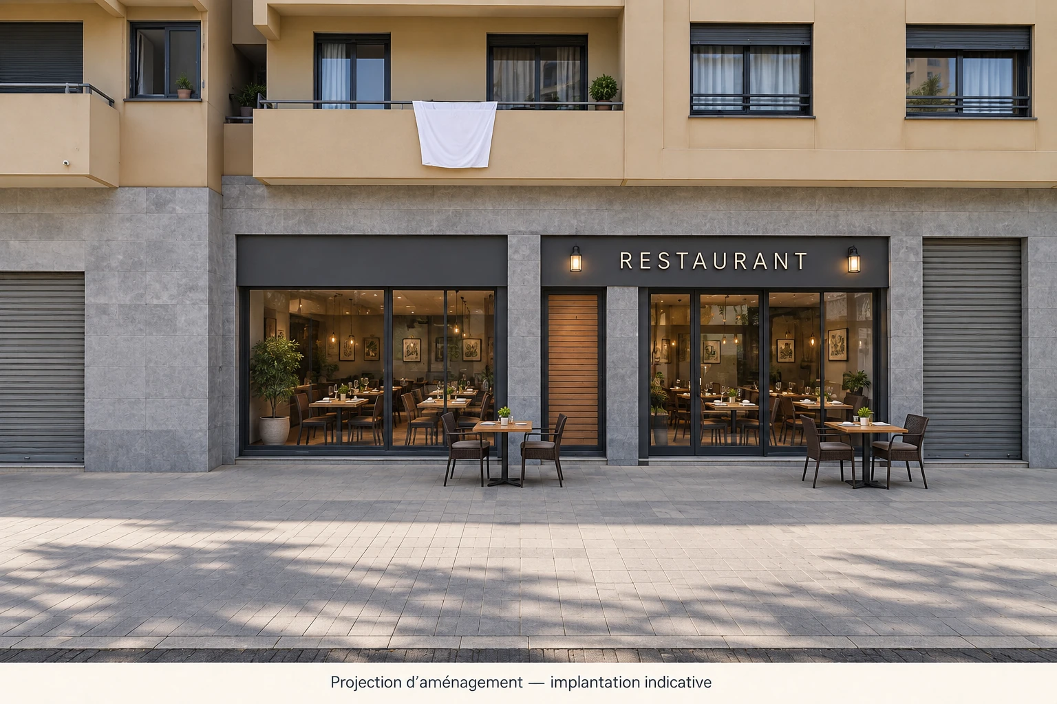 Projection d’aménagement d’un restaurant, avec ses deux vitrines vues de face
