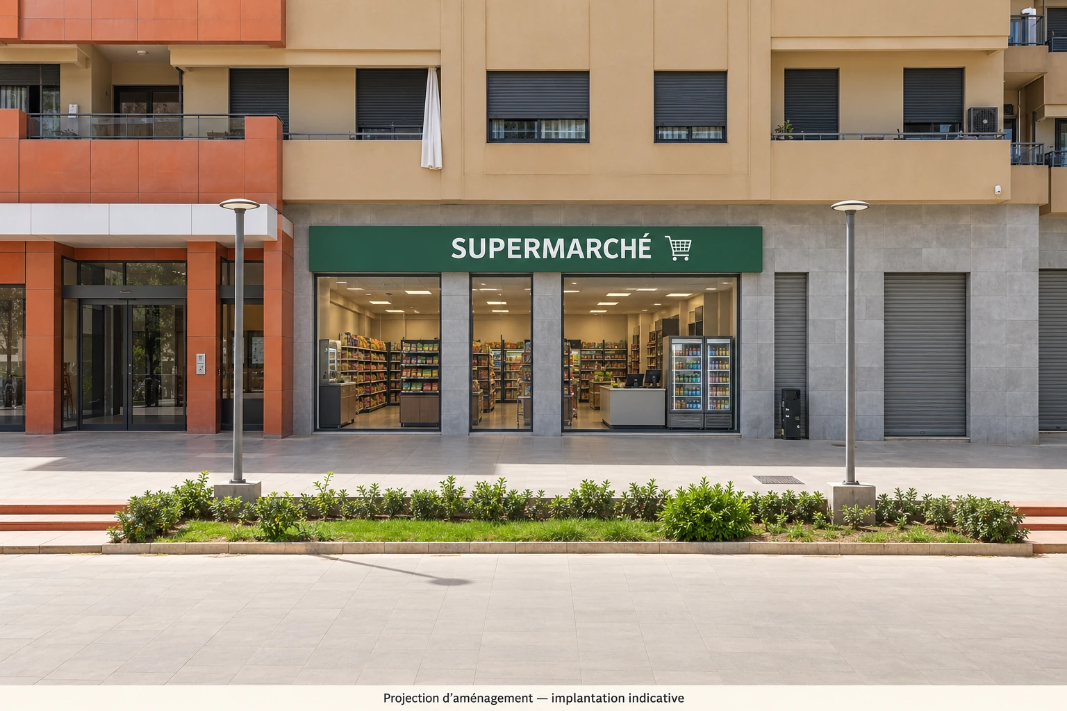 Projection d’aménagement d’un supermarché dans un local de Palmeraie Gates